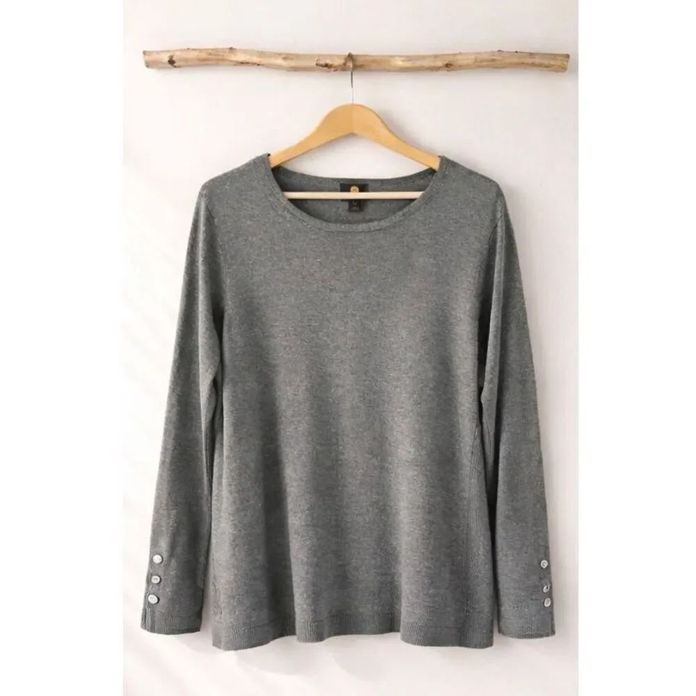 JM collection grey crewneck top with button cuff size XL
